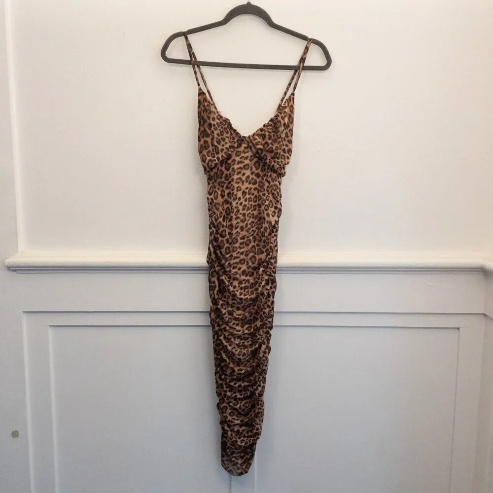 Black Bead Leopard Print Ruched Maxi Slip Dress Made in USA Size Small - Picture 2 of 5